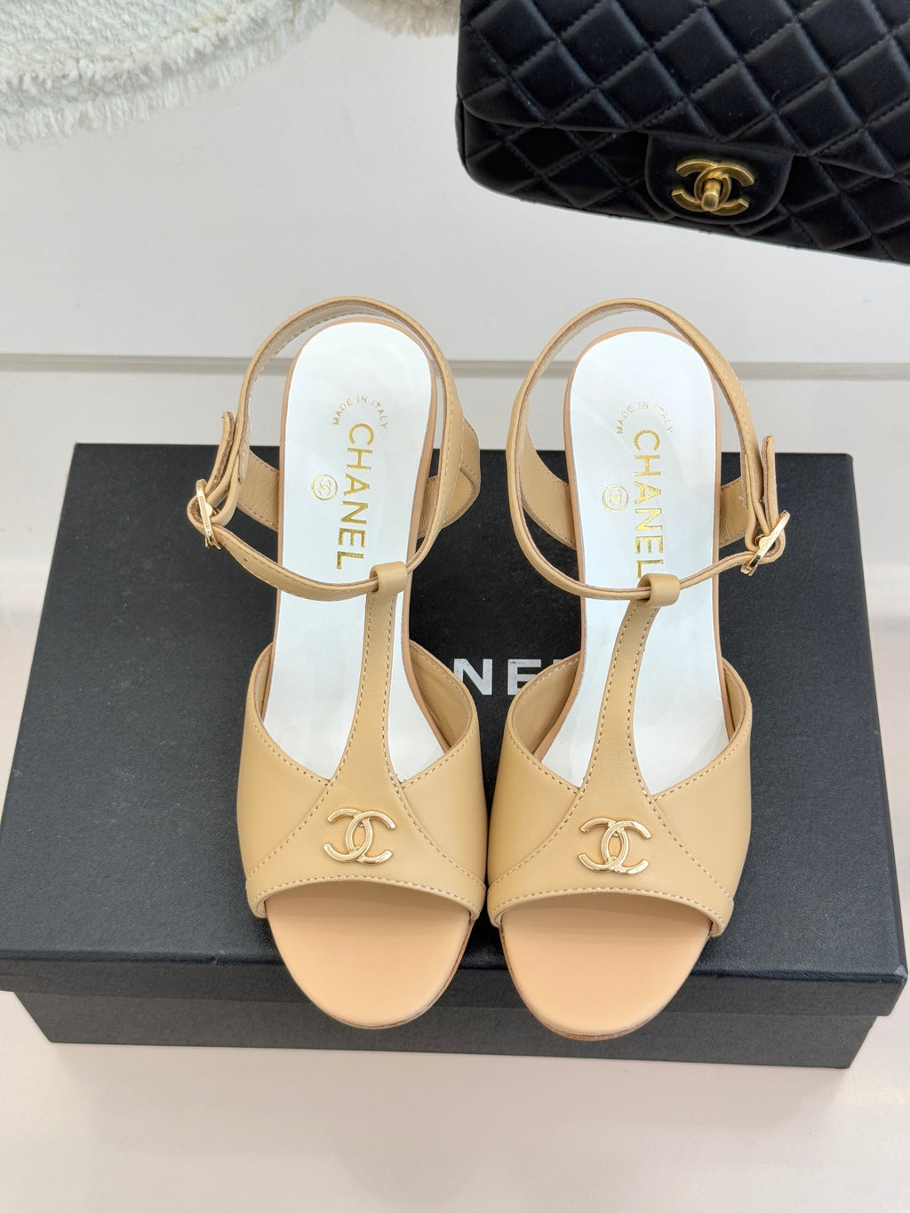 Peep-Toe T-Strap Heels – Double Logo Accent