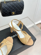 Peep-Toe T-Strap Heels – Double Logo Accent