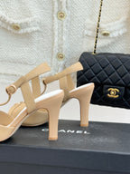 Peep-Toe T-Strap Heels – Double Logo Accent