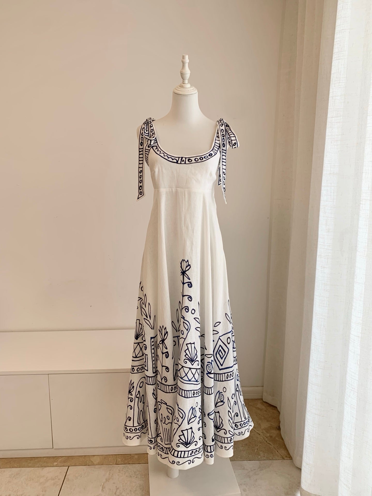 Floor-Length Linen Sundress with Tie Straps and Pockets