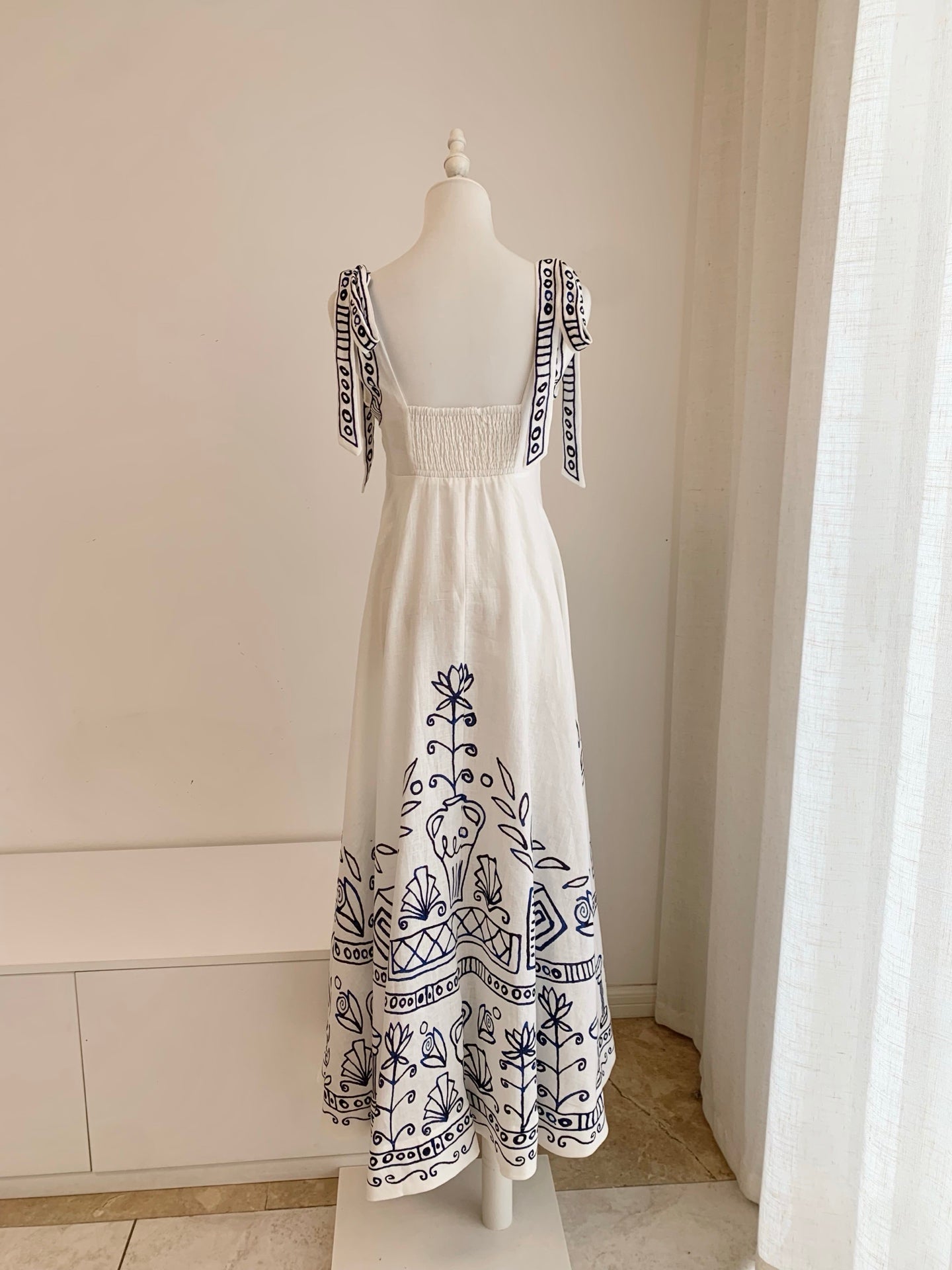 Floor-Length Linen Sundress with Tie Straps and Pockets