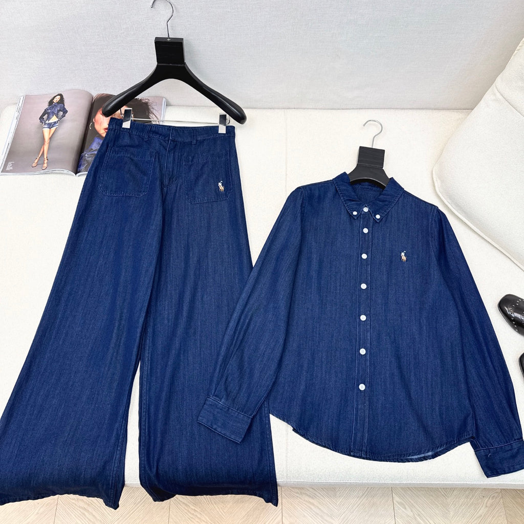 Classic Logo Embroidered Denim Set – Shirt & Straight Pants