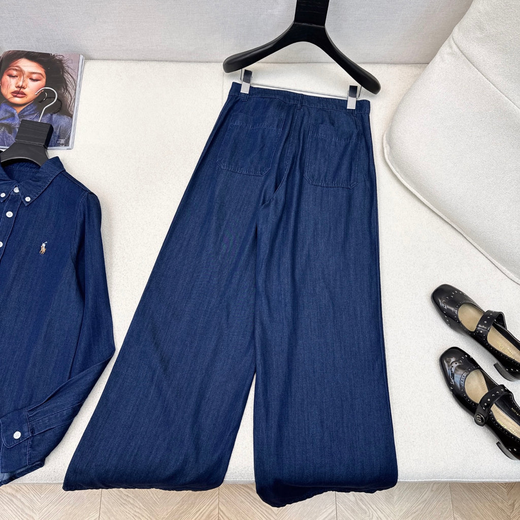Classic Logo Embroidered Denim Set – Shirt & Straight Pants