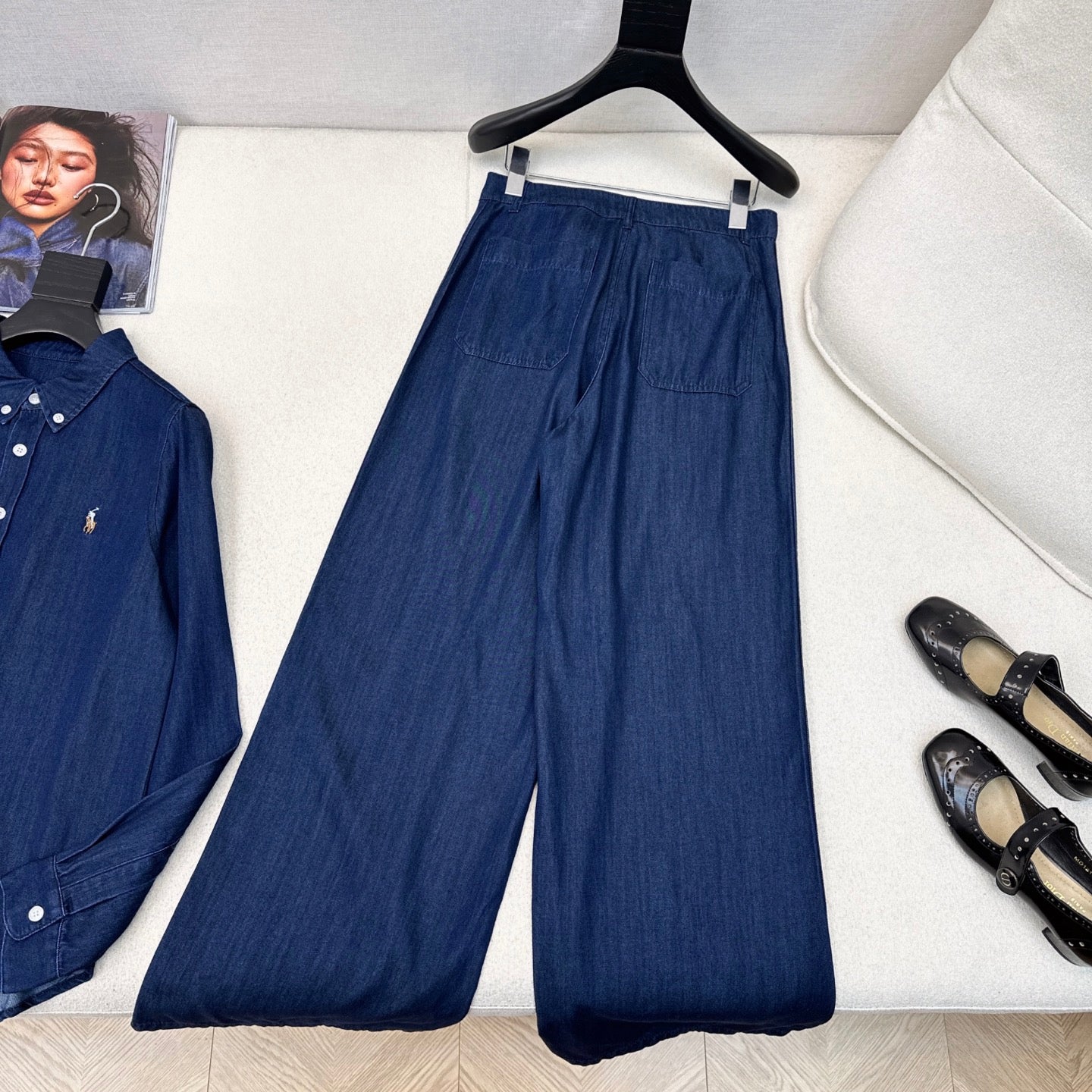Classic Logo Embroidered Denim Set – Shirt & Straight Pants