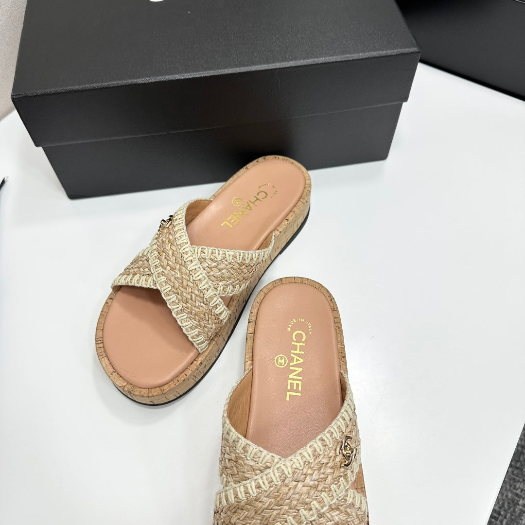 Woven Cross Strap Platform Slides