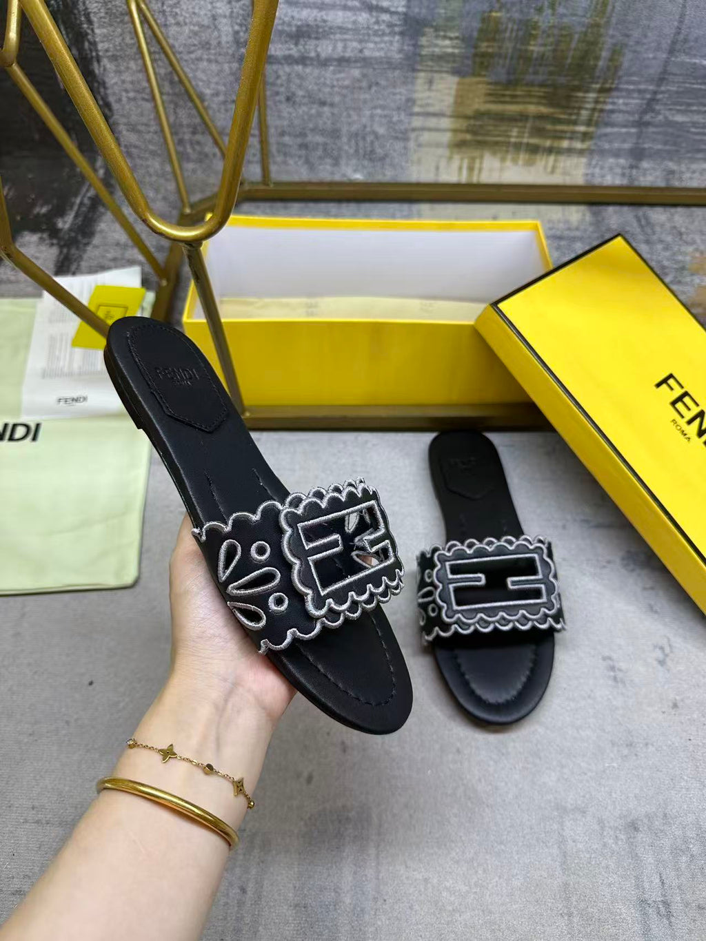 Wide Strap Flat Slides with FF Monogram Detail