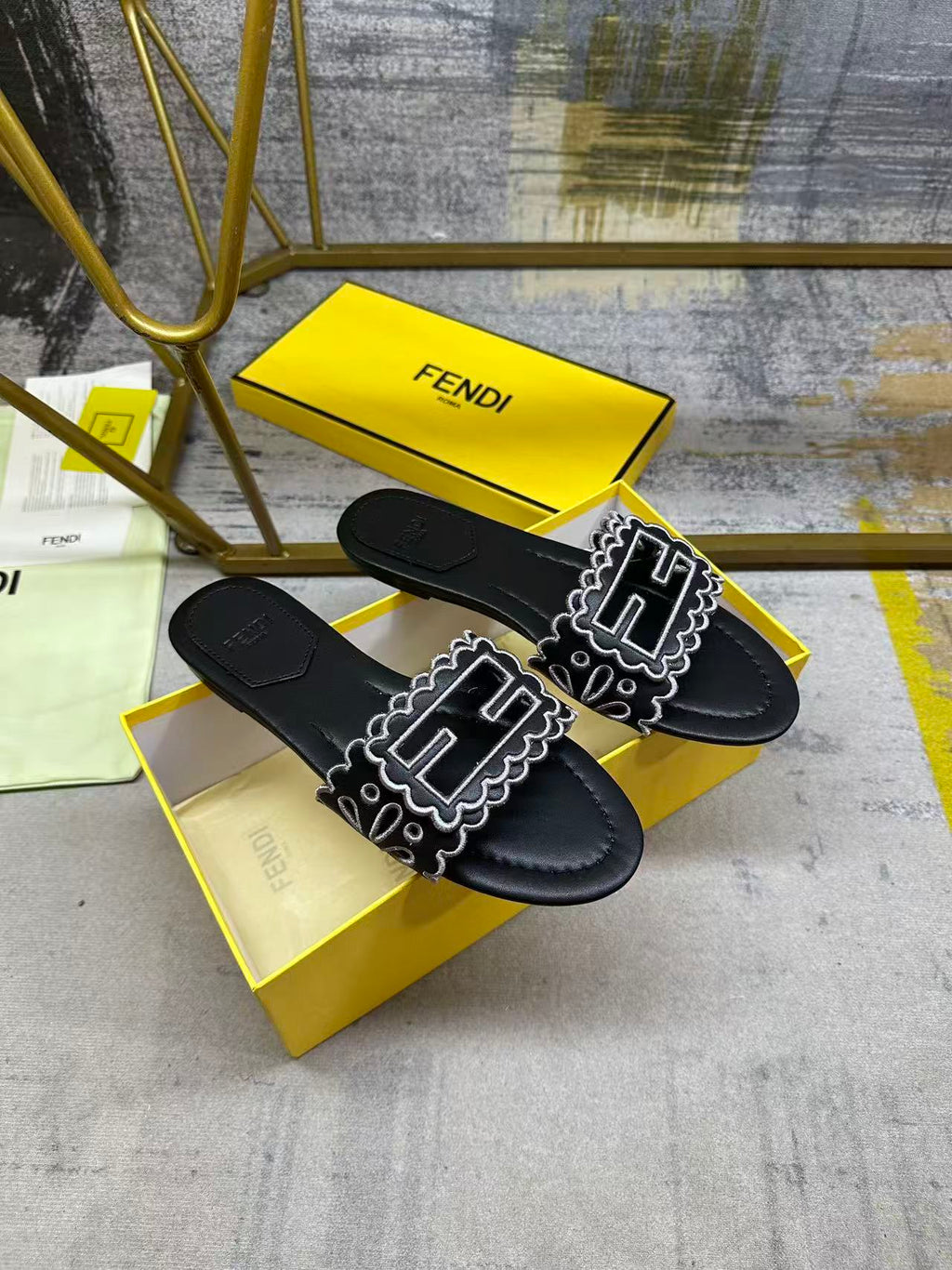 Wide Strap Flat Slides with FF Monogram Detail