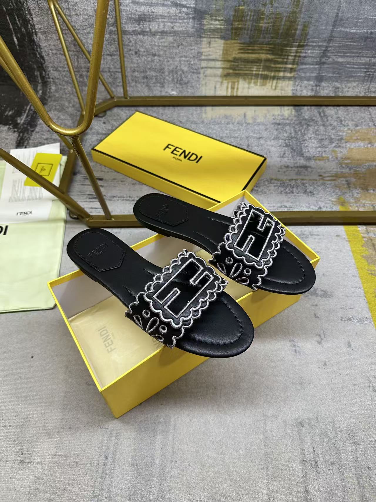 Wide Strap Flat Slides with FF Monogram Detail