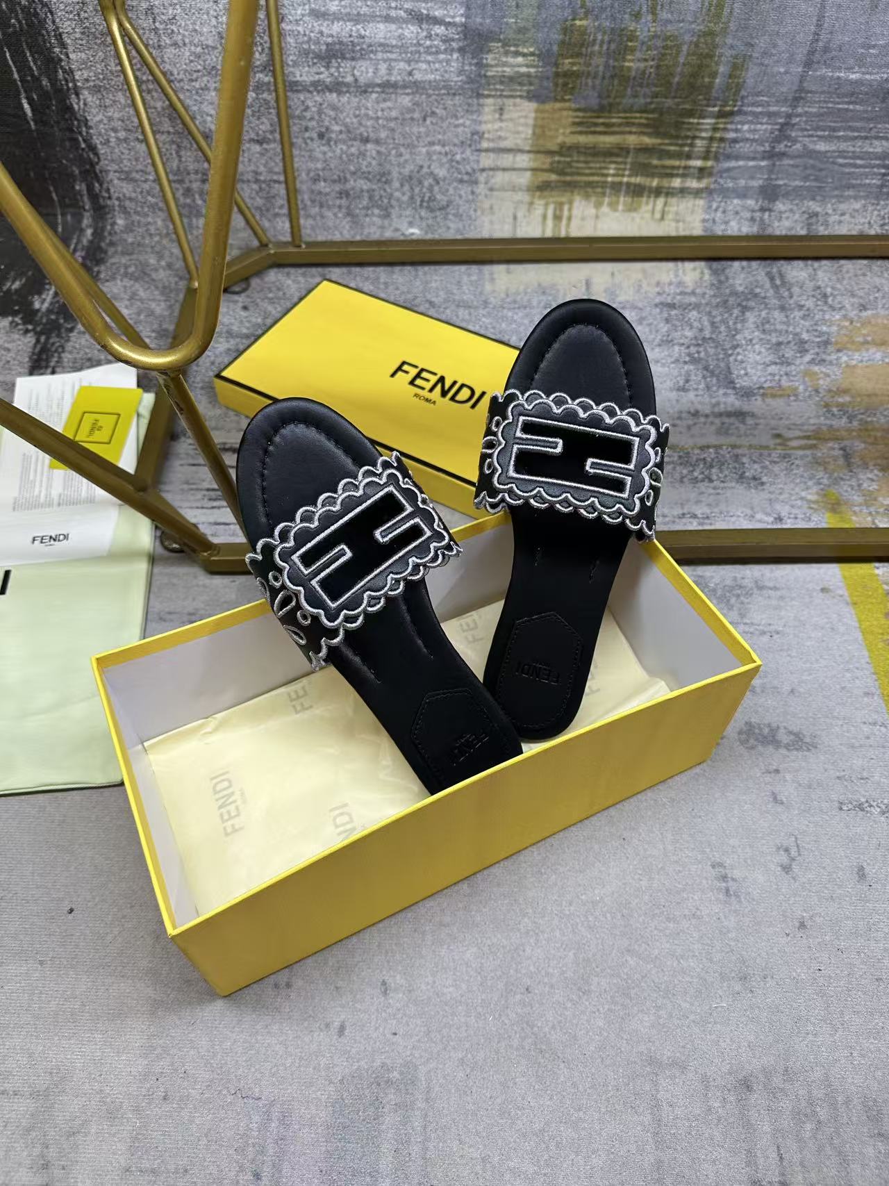 Wide Strap Flat Slides with FF Monogram Detail
