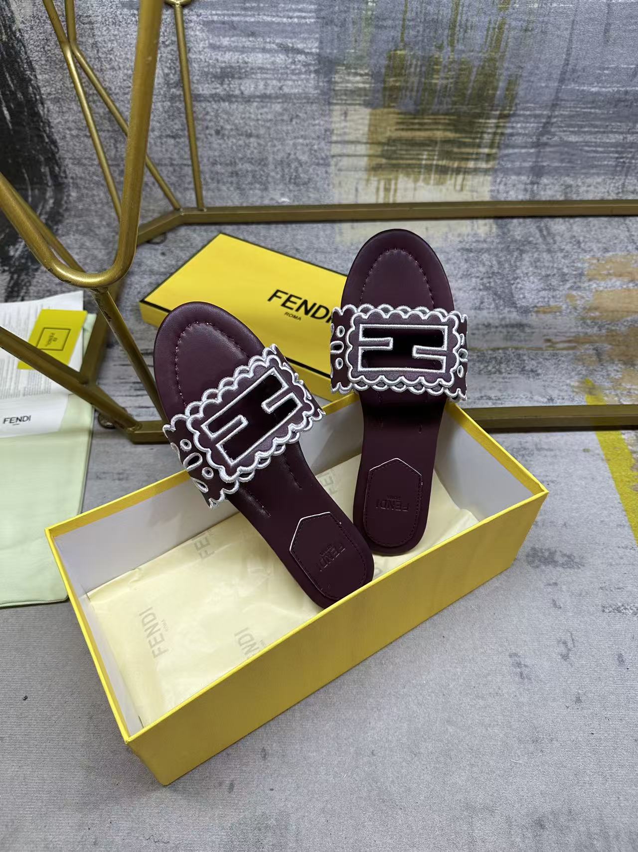 Wide Strap Flat Slides with FF Monogram Detail