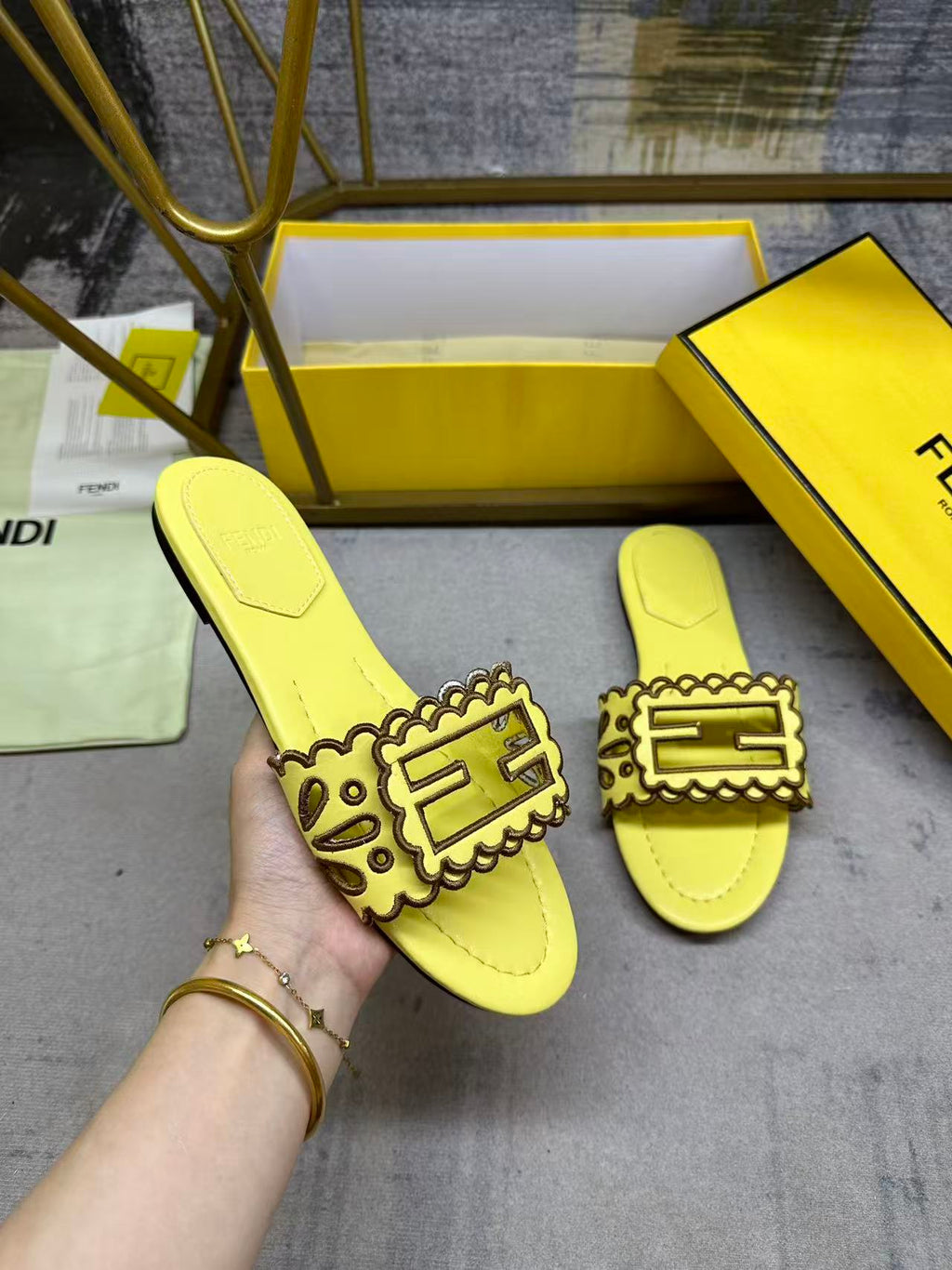 Wide Strap Flat Slides with FF Monogram Detail