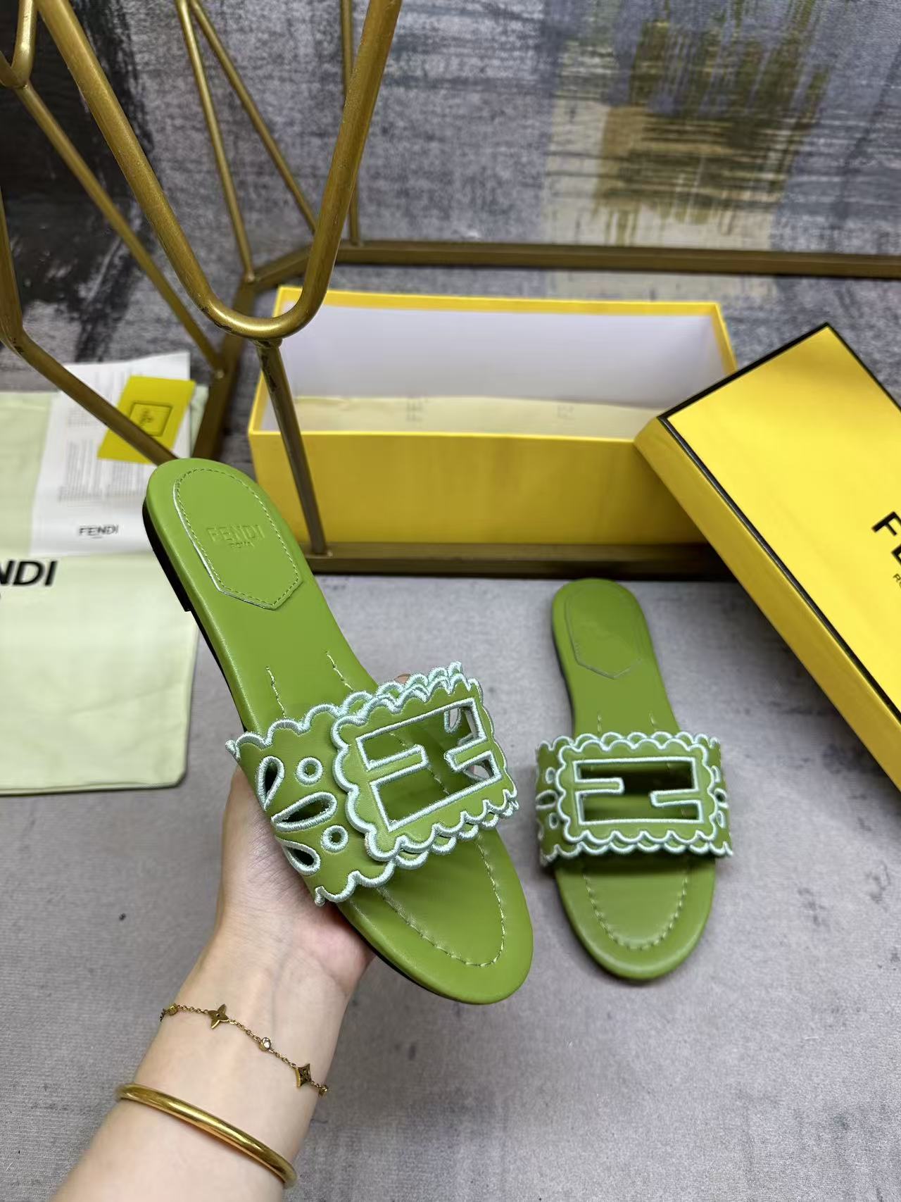Wide Strap Flat Slides with FF Monogram Detail