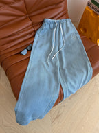 Embroidered Wide-Leg Denim Pants | Washed Drawstring Jeans