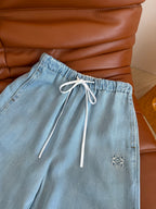 Embroidered Wide-Leg Denim Pants | Washed Drawstring Jeans