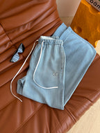 Embroidered Wide-Leg Denim Pants | Washed Drawstring Jeans