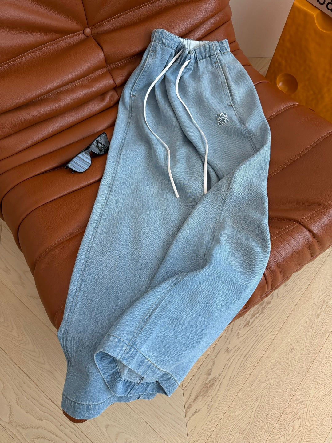 Embroidered Wide-Leg Denim Pants | Washed Drawstring Jeans
