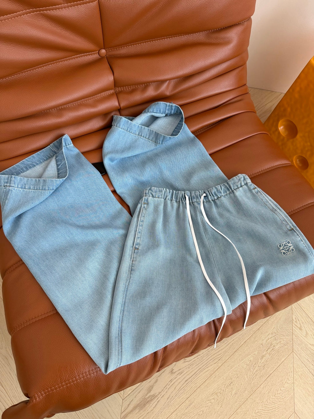 Embroidered Wide-Leg Denim Pants | Washed Drawstring Jeans
