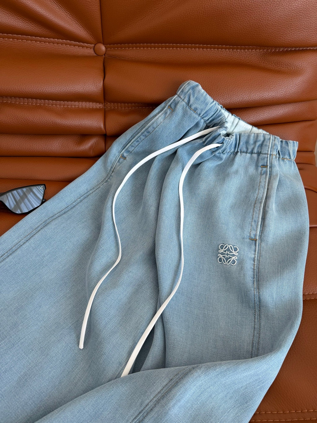 Embroidered Wide-Leg Denim Pants | Washed Drawstring Jeans