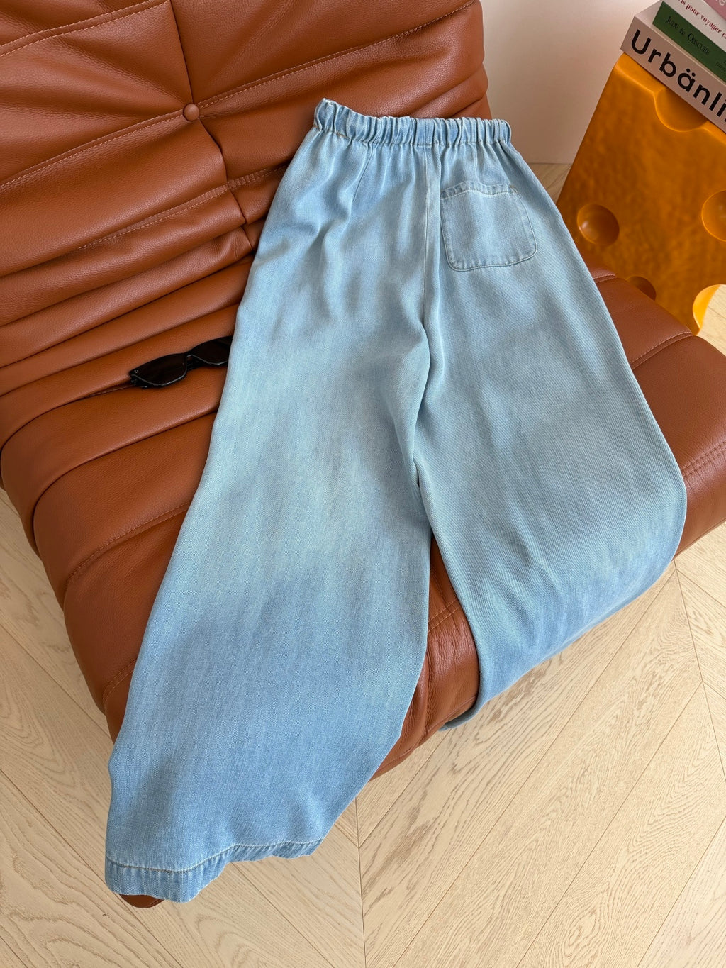 Embroidered Wide-Leg Denim Pants | Washed Drawstring Jeans