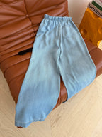 Embroidered Wide-Leg Denim Pants | Washed Drawstring Jeans