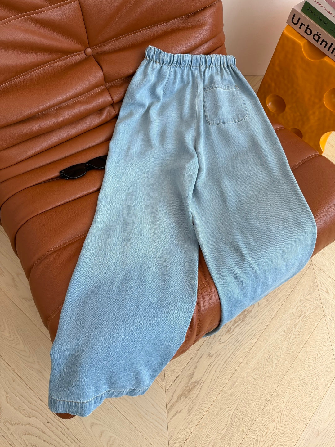 Embroidered Wide-Leg Denim Pants | Washed Drawstring Jeans