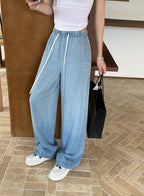 Embroidered Wide-Leg Denim Pants | Washed Drawstring Jeans