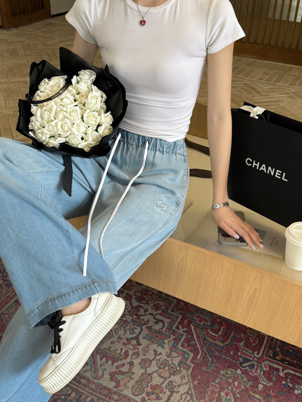 Embroidered Wide-Leg Denim Pants | Washed Drawstring Jeans