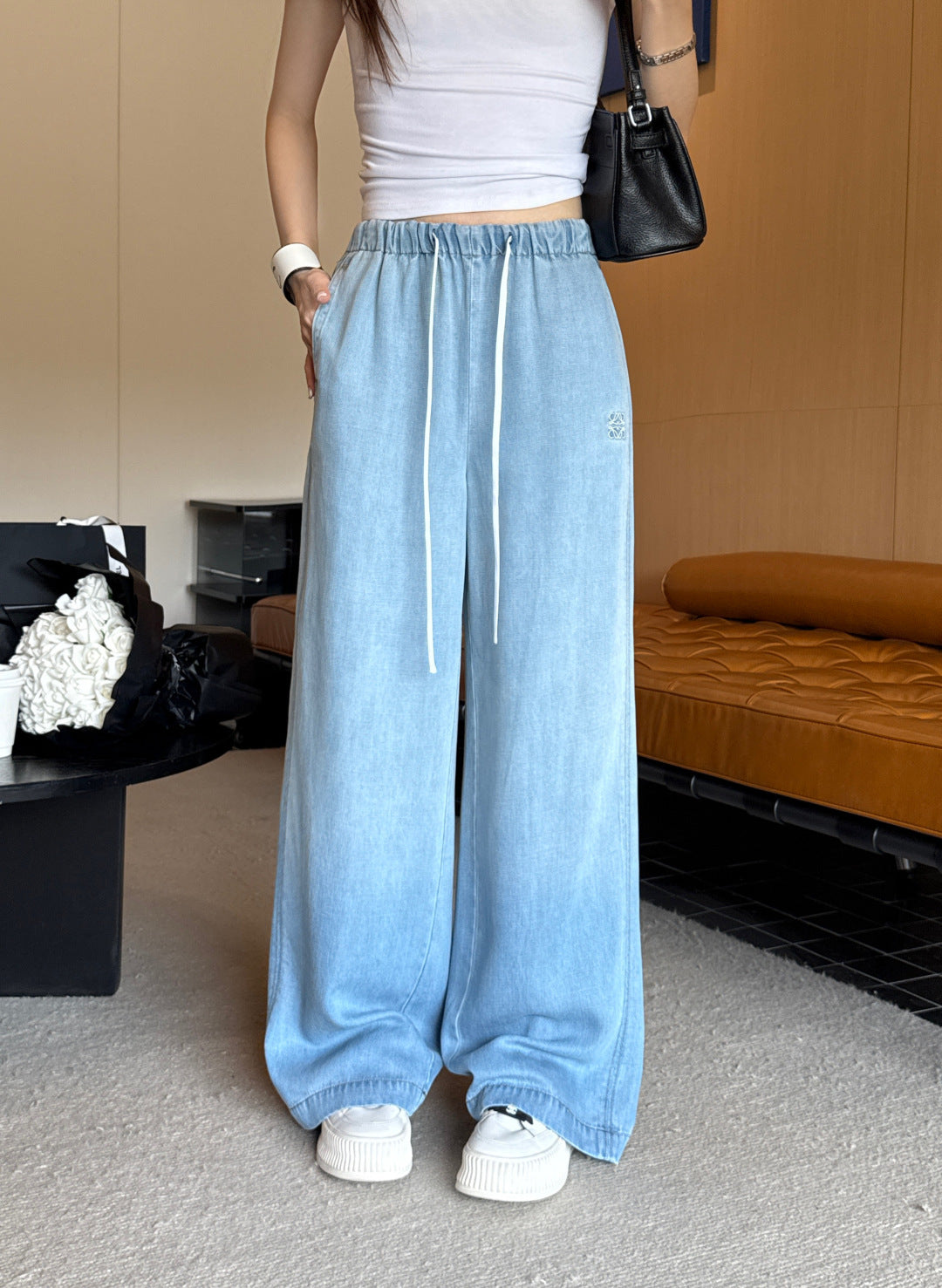 Embroidered Wide-Leg Denim Pants | Washed Drawstring Jeans