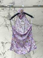 Monogram Print High Neck Sleeveless Top | Elegant Women's Summer Blouse