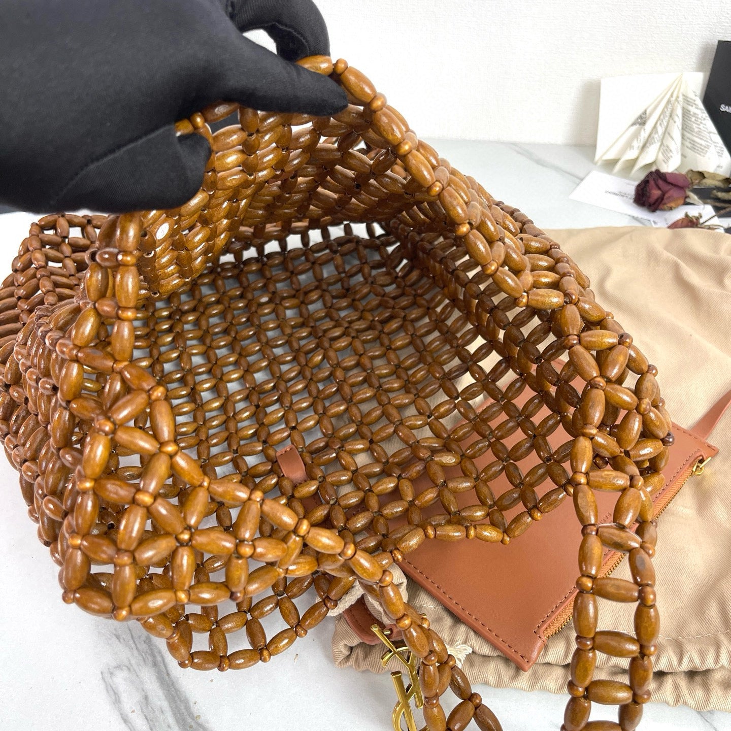 Handwoven Wooden Bead Hobo Bag.