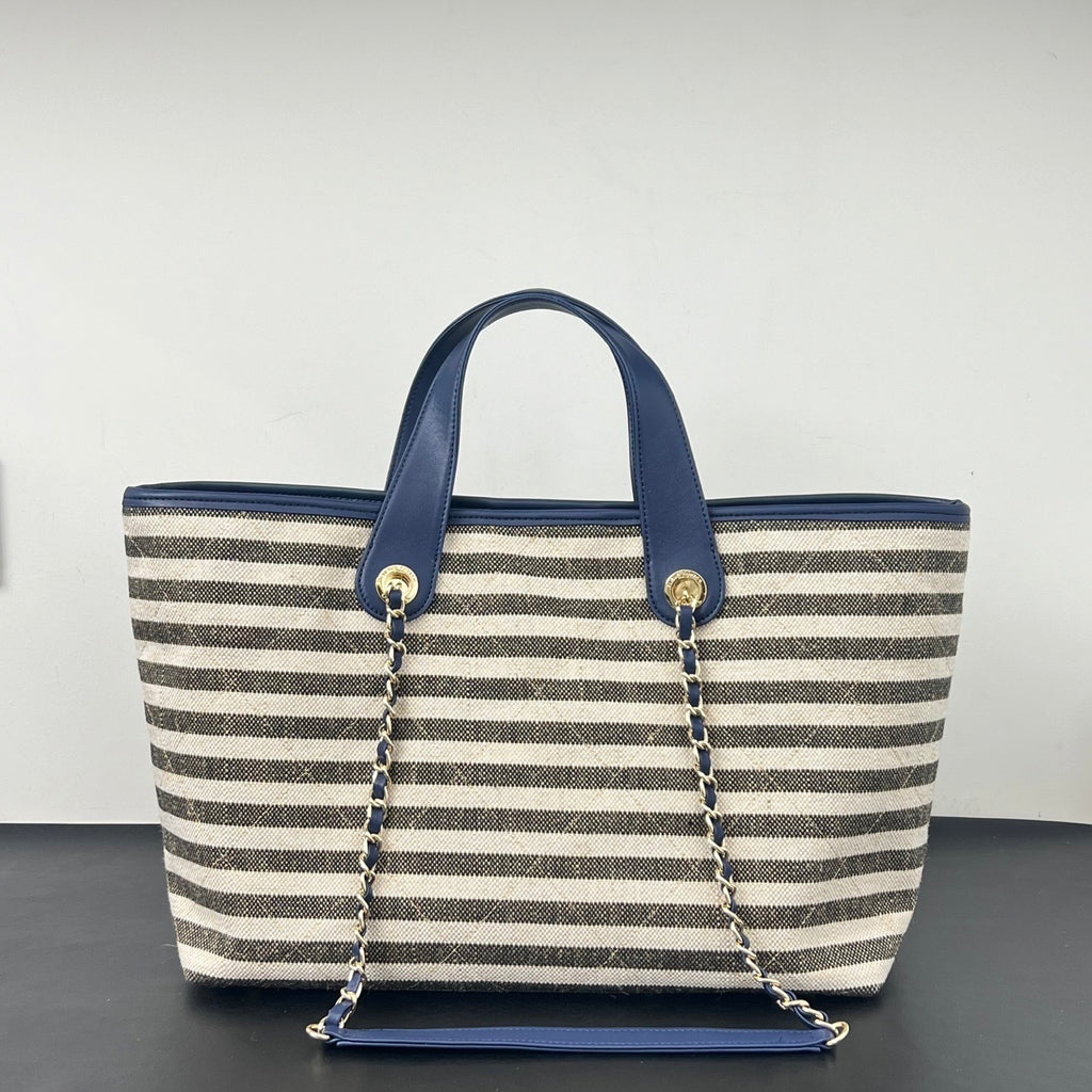 Inspired Striped Quilted Denim Beach Tote Bag