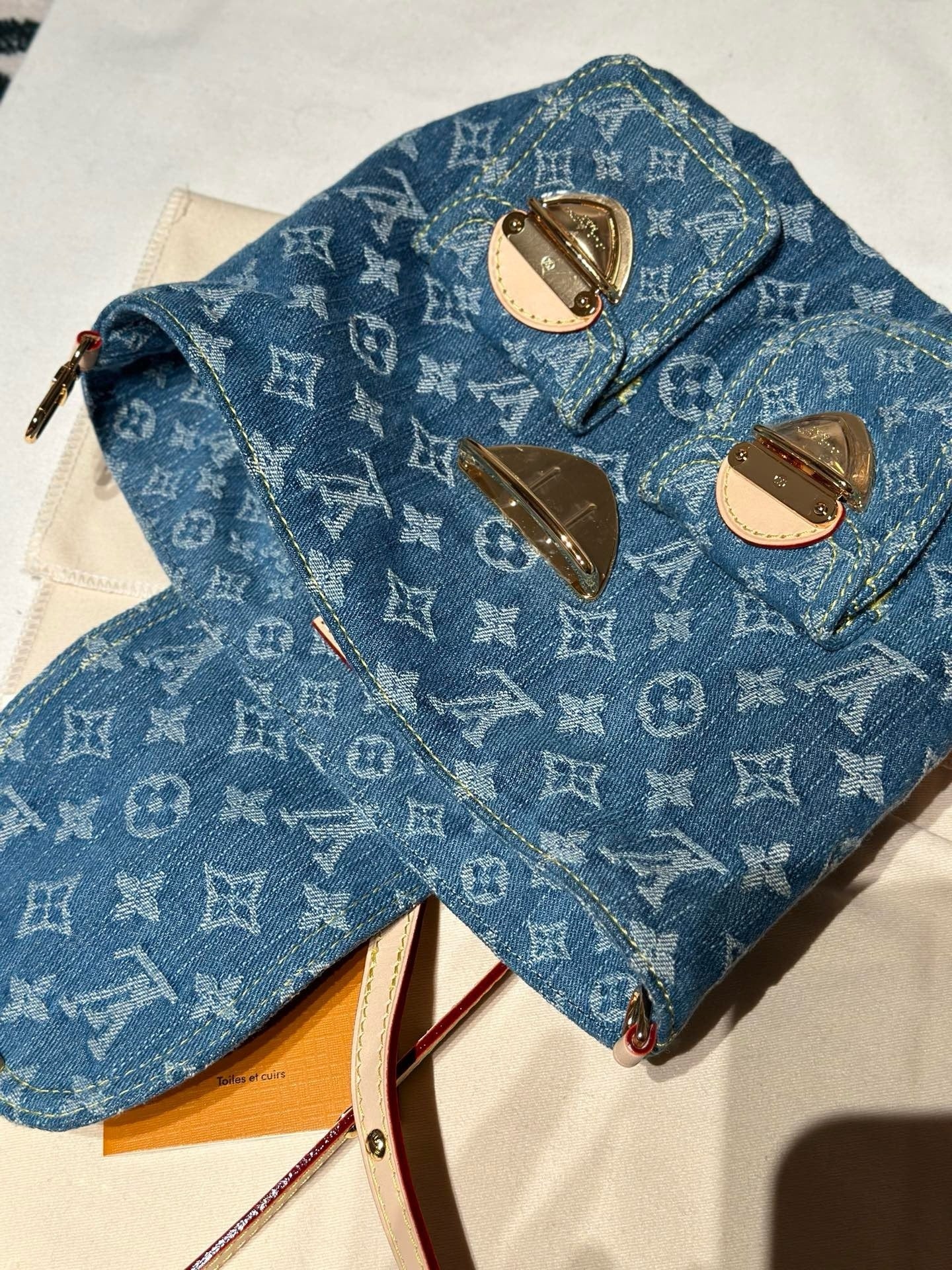 Washed Monogram-Texture Denim Backpack — 26cm