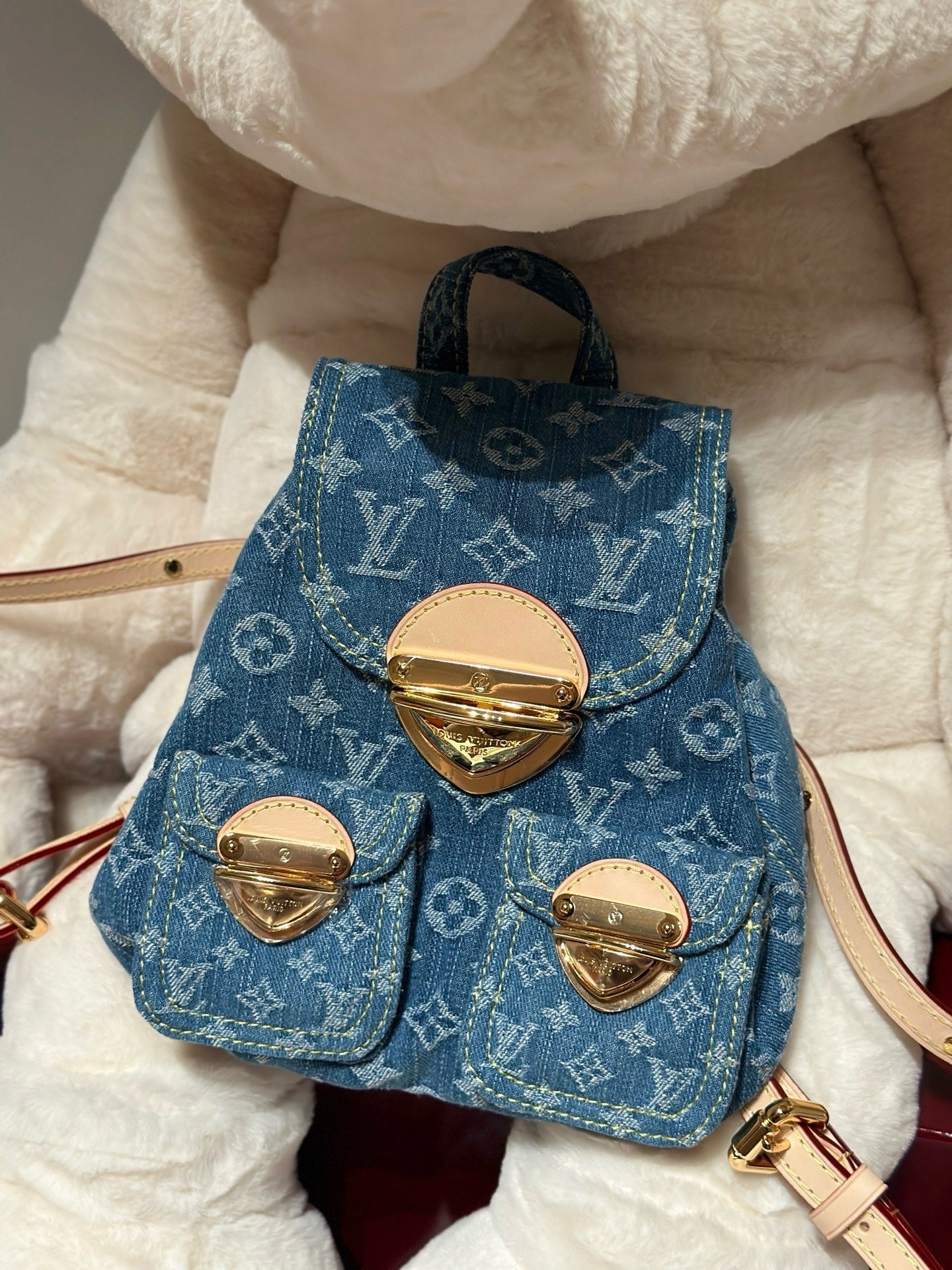 Washed Monogram-Texture Denim Backpack — 26cm