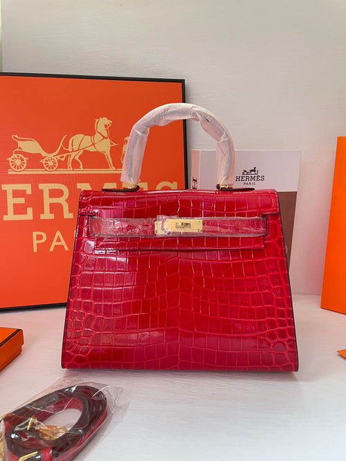 28cm Crocodile-Embossed Leather Top-Handle & Shoulder Bag