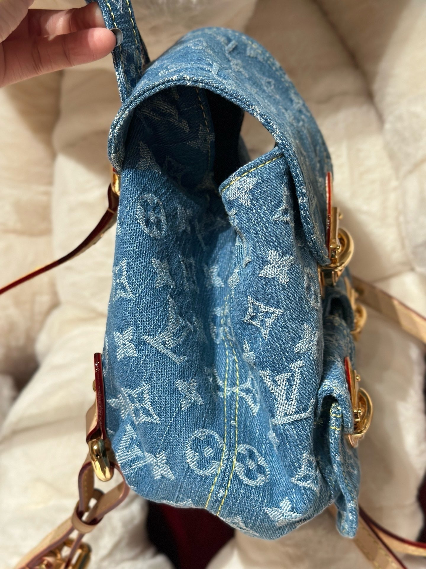 Washed Monogram-Texture Denim Backpack — 26cm