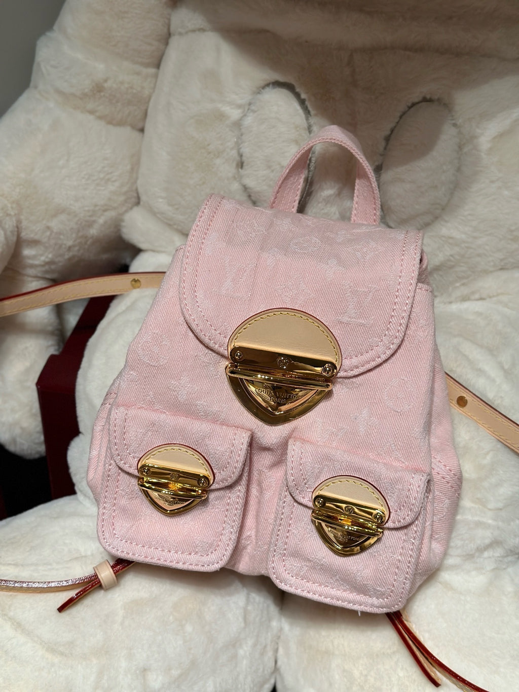 Washed Monogram-Texture Denim Backpack — 26cm