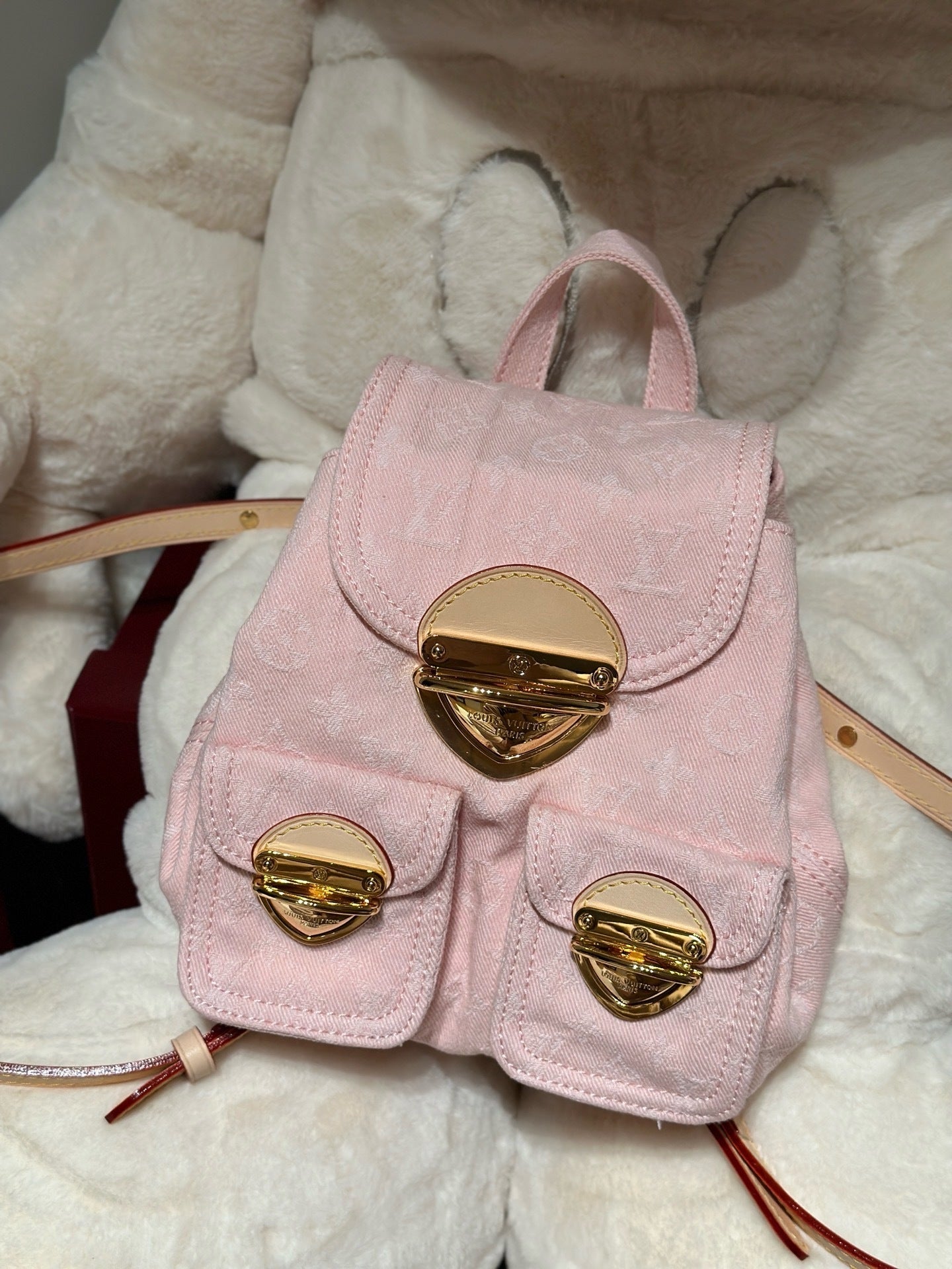 Washed Monogram-Texture Denim Backpack — 26cm