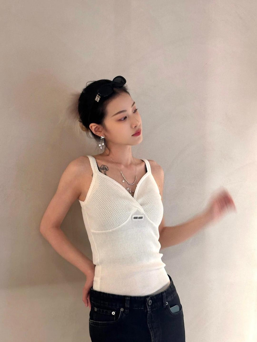 M M Lace-Trim Ribbed Knit Top – White
