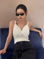 M M Lace-Trim Ribbed Knit Top – White