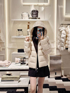Cream Check Down Jacket – Short Hooded Puffer