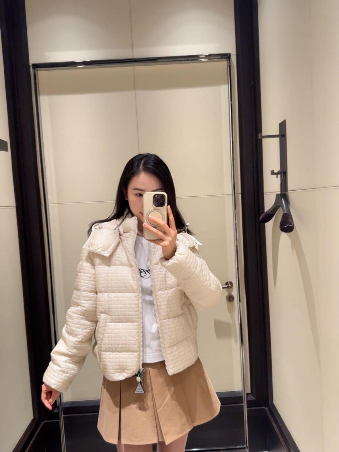 Cream Check Down Jacket – Short Hooded Puffer