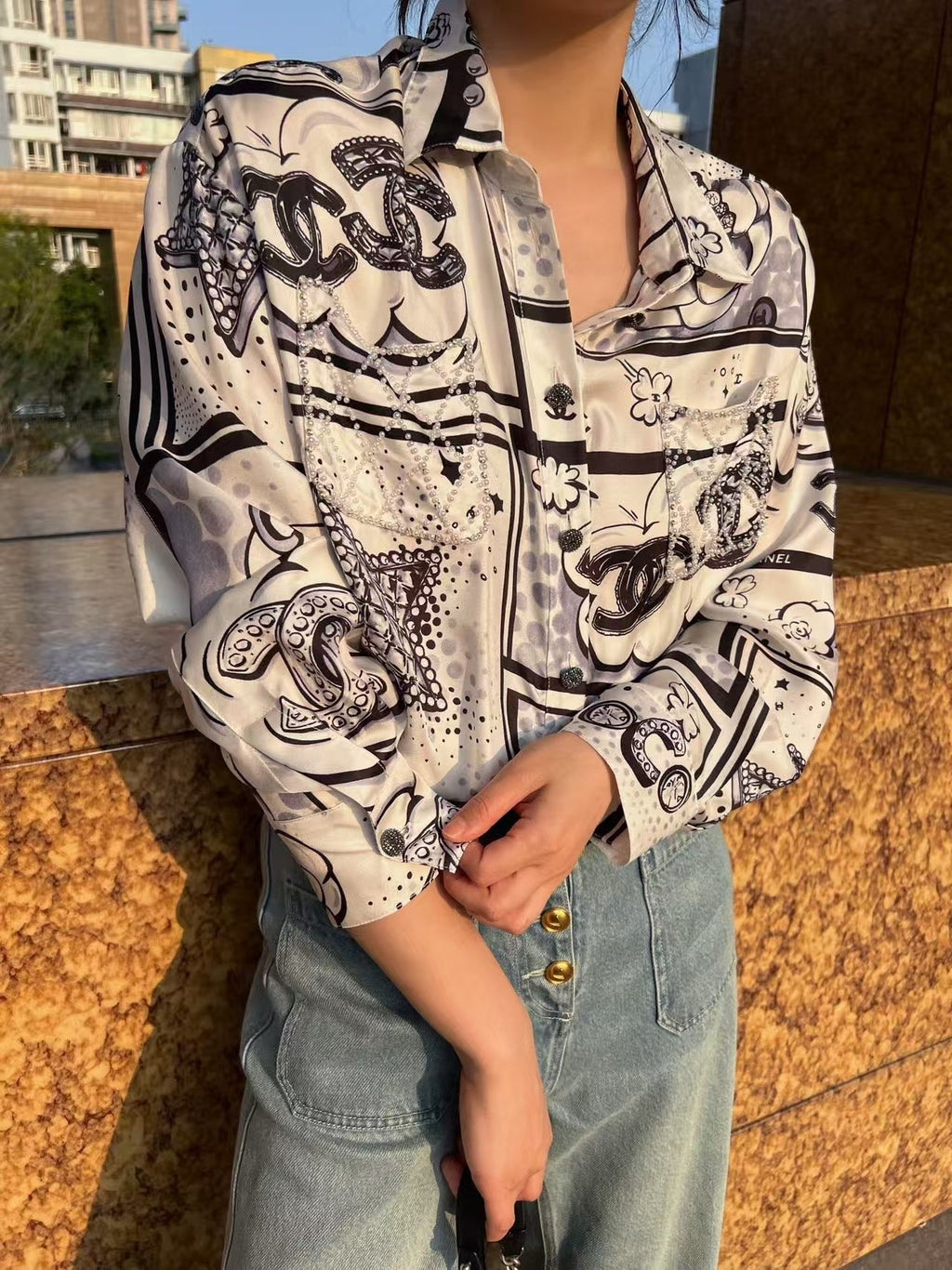 🆕 Pearl Print Silk Shirt – Luxurious Woven Texture – (Premium Quality )