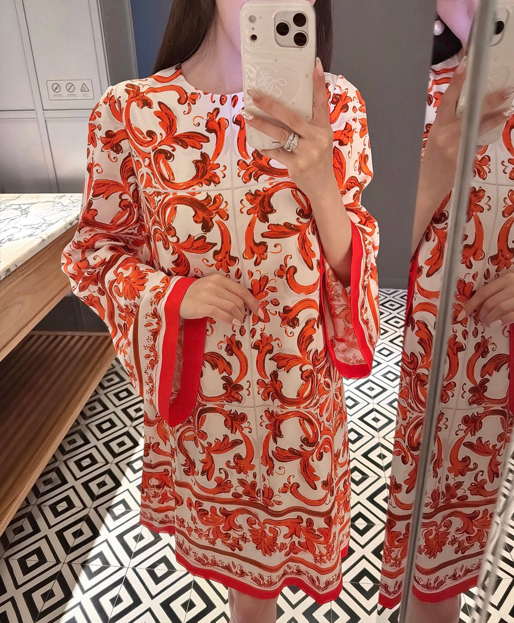 Red Ceramic Print Dress | Elegant Summer Midi Dress
