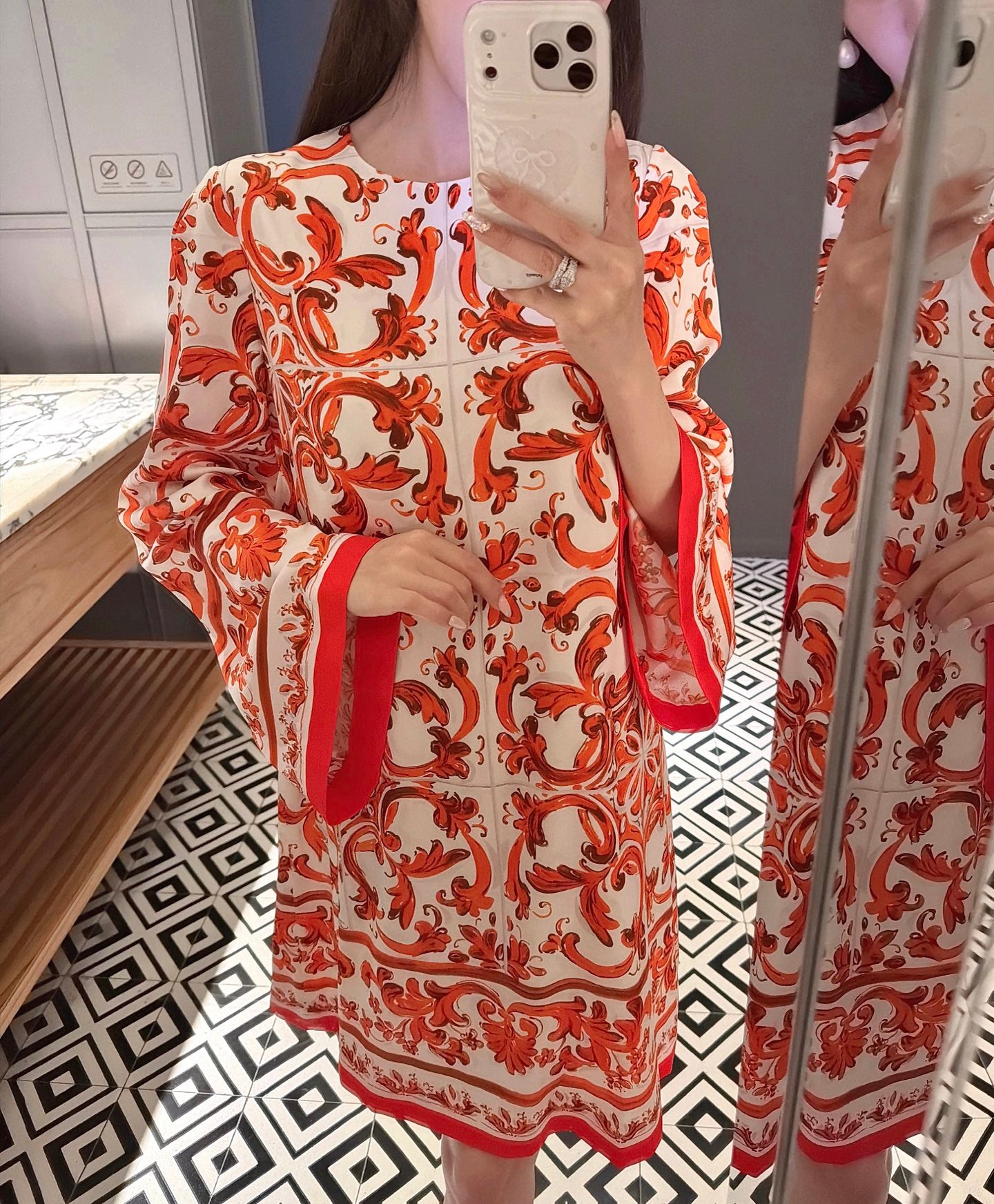 Red Ceramic Print Dress | Elegant Summer Midi Dress