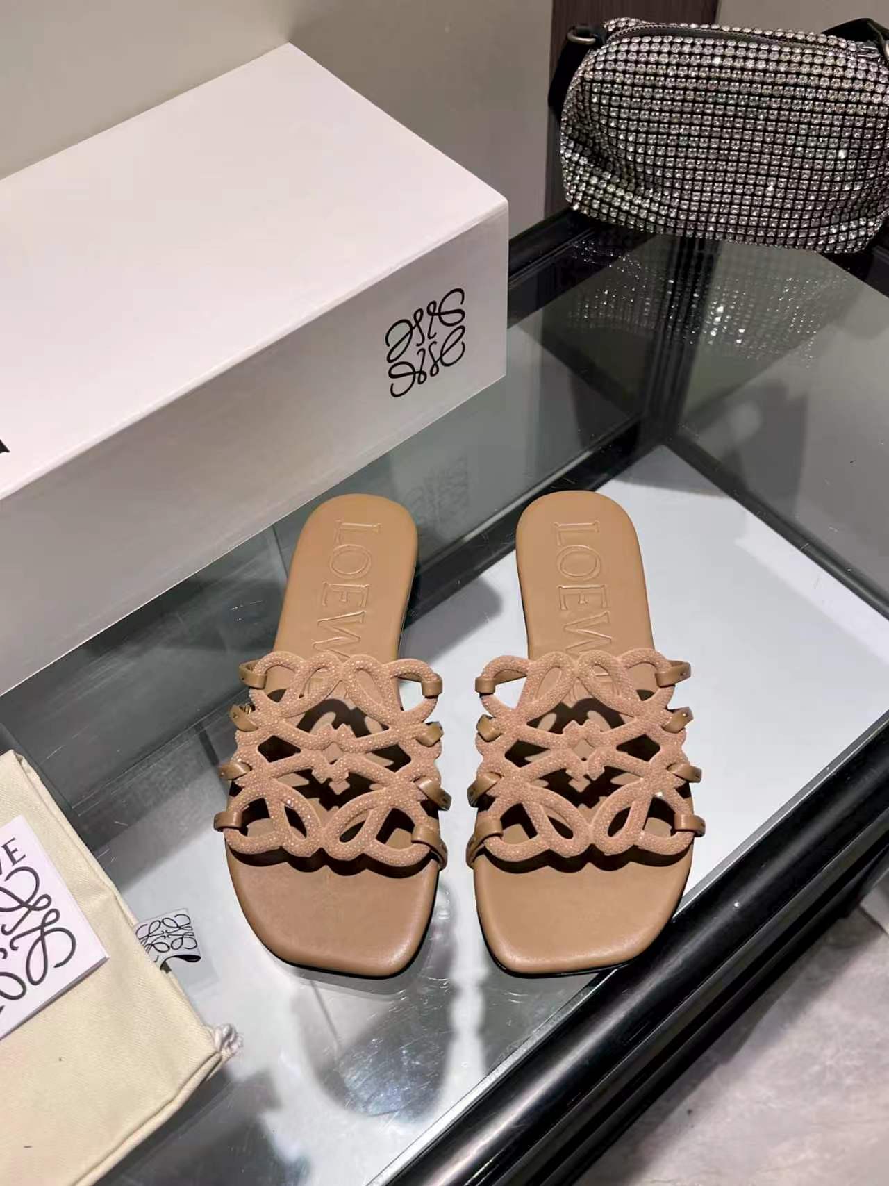 Crystal Embellished Cutout Slide Sandals | Premium Leather Summer Slippers