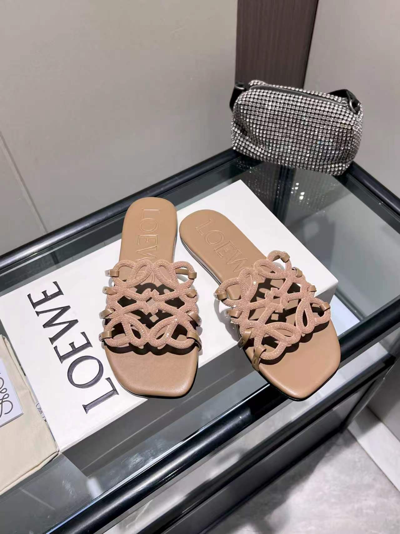 Crystal Embellished Cutout Slide Sandals | Premium Leather Summer Slippers