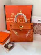 28cm Crocodile-Embossed Leather Top-Handle & Shoulder Bag