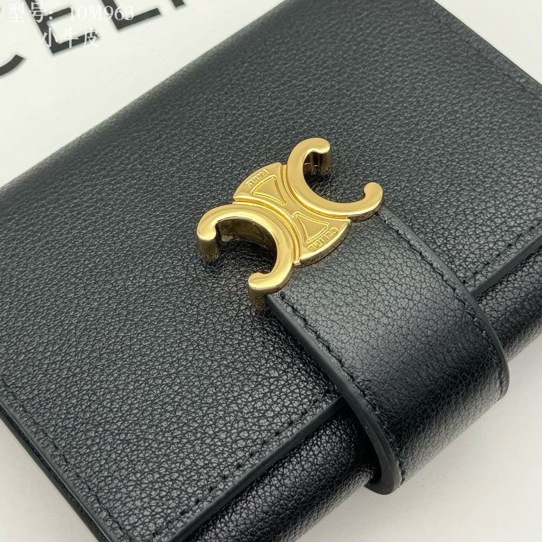 Triomphe-Style Three-Fold Leather Wallet with Metal Hardware – Premium Quality