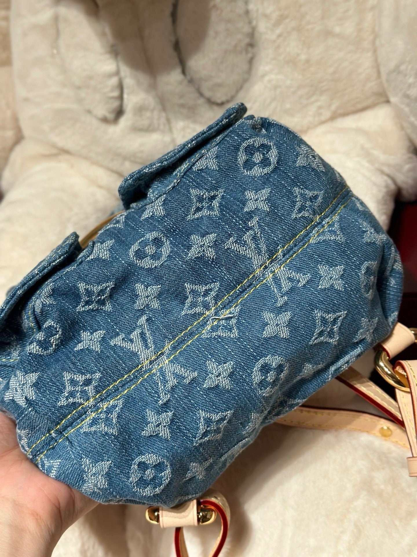 Washed Monogram-Texture Denim Backpack — 26cm