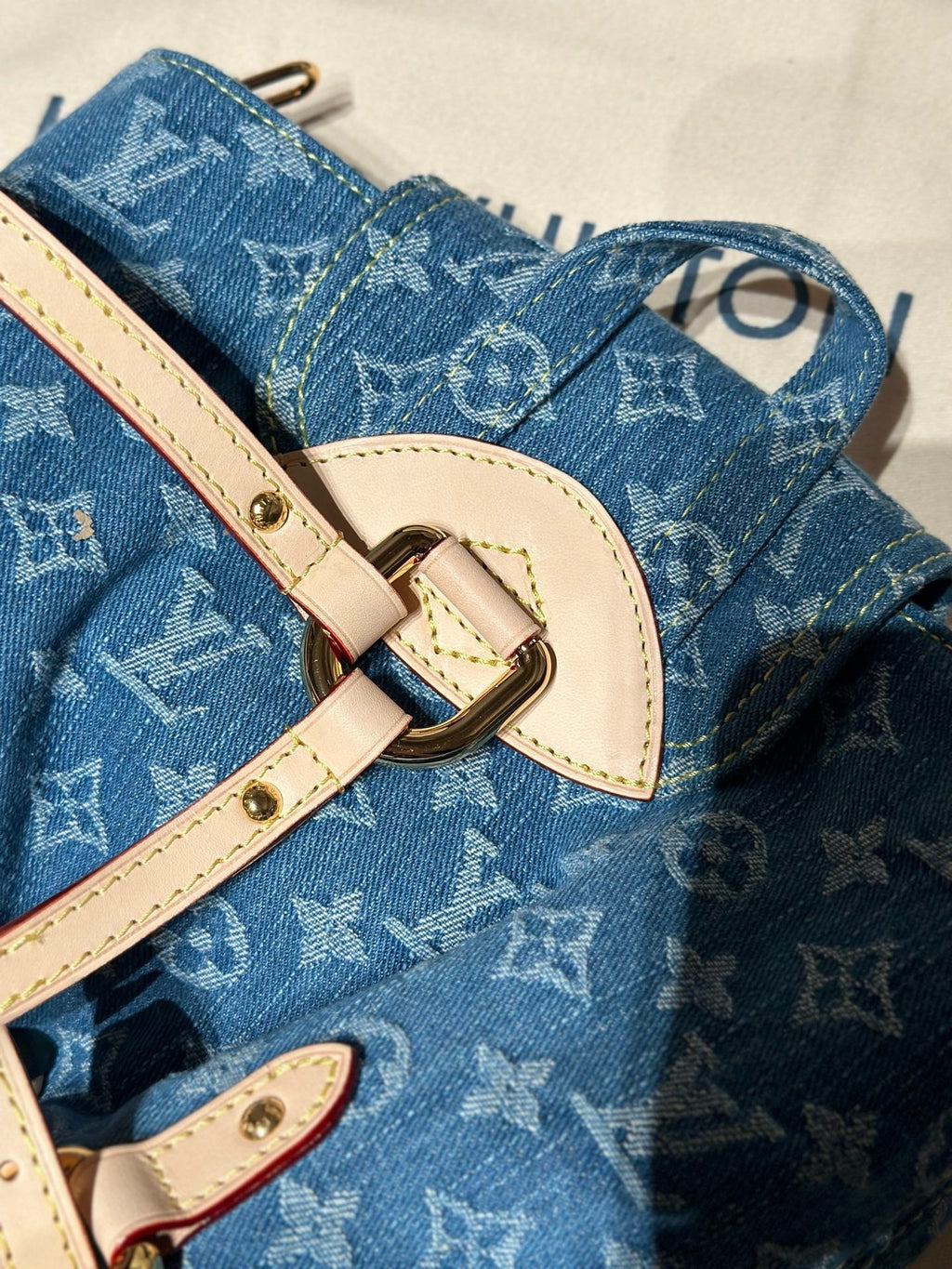 Washed Monogram-Texture Denim Backpack — 26cm